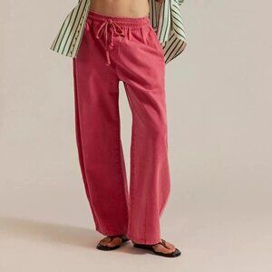 Free People Wide Leg Drawstring Trousers in Rose Pink